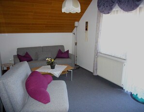 A living room with a grey sofa, purple cushions, a coffee table with a plant, a floor lamp, and a radiator. - Apartment 2 - Apartment Gemperlein (Pottenstein)
