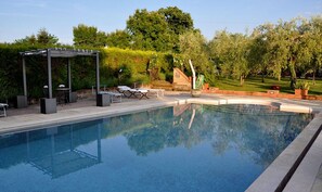 Seasonal outdoor pool, pool umbrellas, pool loungers