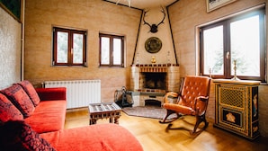 A cozy living room with a fireplace, a red sofa, a rocking chair, and a decorative cabinet. - Casa Natalia (Sinaia)