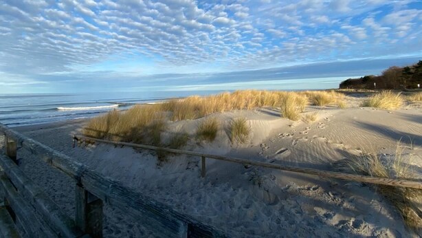A beach with a wooden boardwalk leading to the water, sandy dunes, and a clear sky with clouds. - Bright, cozy apartment, centrally located in a quiet area of Zingst with WLAN (Mecklenburg-Vorpommern)