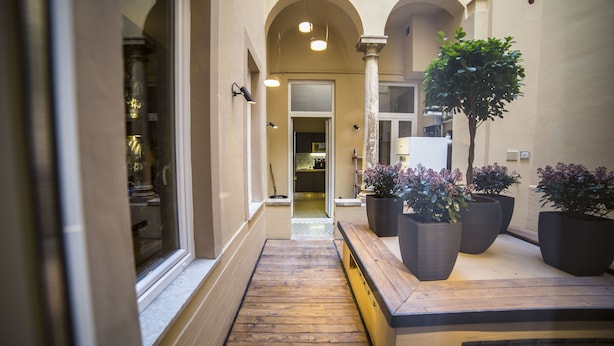 Un pasillo estrecho con suelo de madera, plantas en macetas y vistas a una habitación con piso a cuadros.