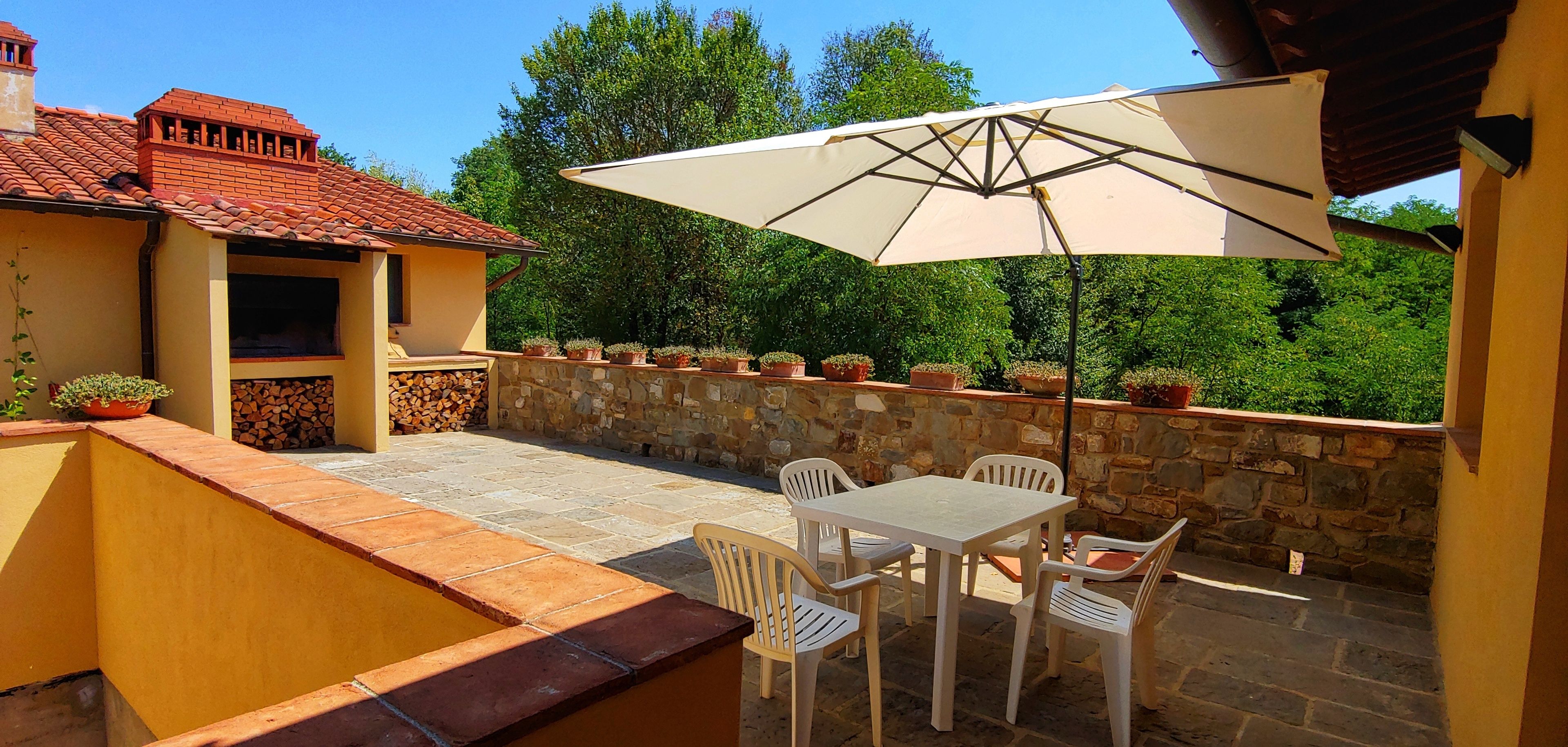 An outdoor patio with a table and chairs, a large umbrella, and potted plants along a stone wall.