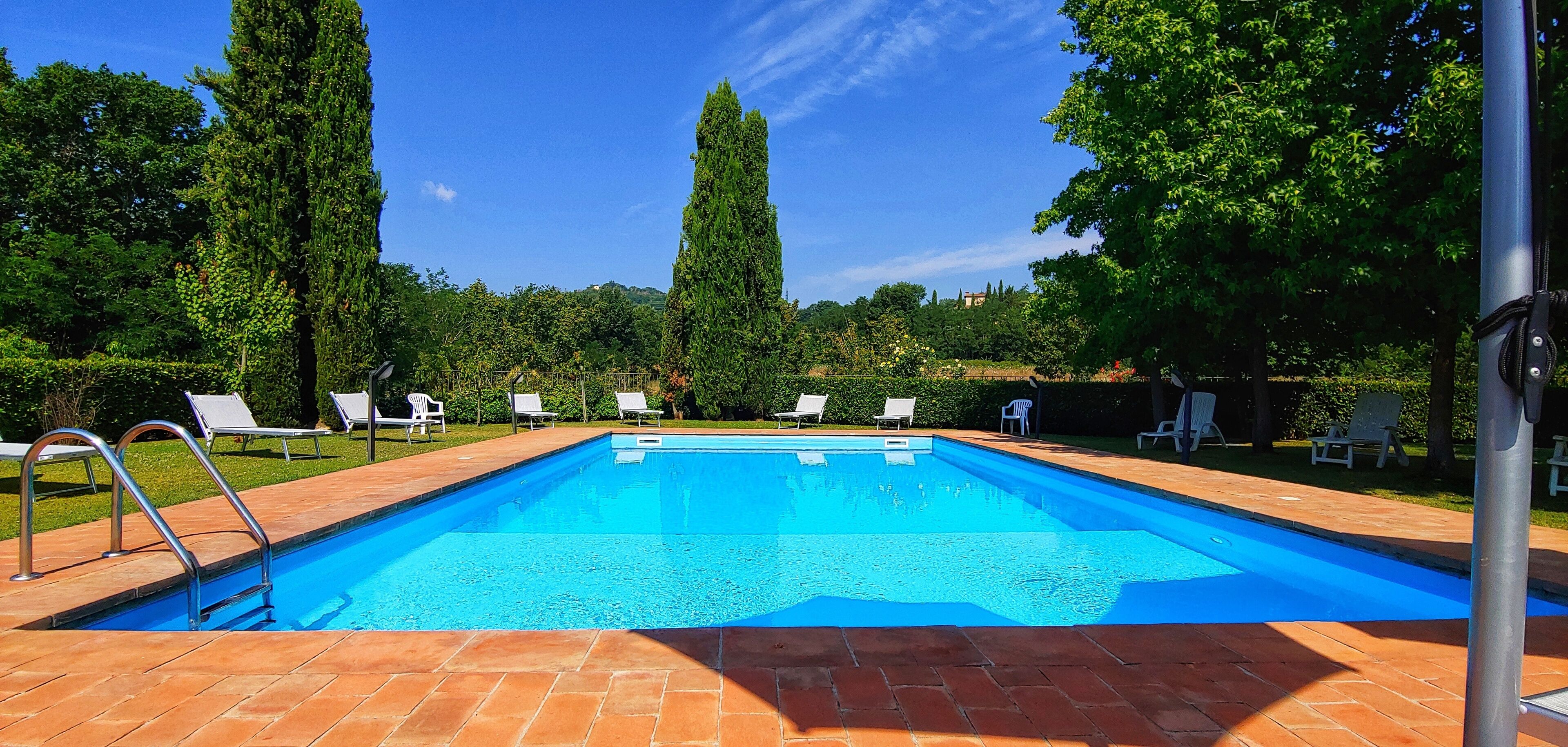 Ein rechteckiger Pool mit einer Metallleiter an einer Seite, umgeben von einer Ziegelbepflasterung. Weiße Liegestühle sind um den Pool herum angeordnet.