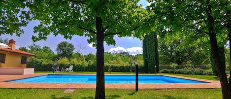 Una piscina al aire libre de temporada, sombrillas