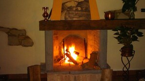 A fireplace with a poster above it, a vase with flowers to the right, and a stone wall in the background. - Hotel il Malandrone (Castellina Marittima)