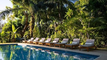 2 outdoor pools, open 7 AM to 10:00 PM, pool umbrellas, pool loungers