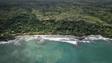 Vista aérea de una zona costera con denso bosque, una playa de arena y aguas turquesas cristalinas.