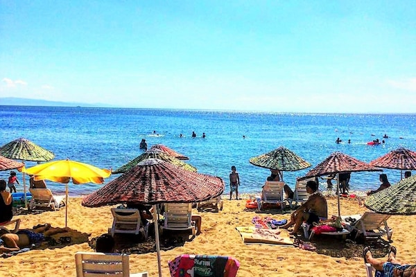 Private beach, sun loungers, beach umbrellas