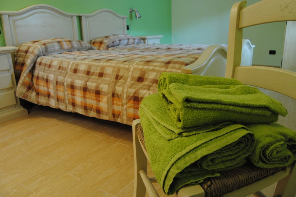 A bedroom with two beds, one with a plaid bedspread and the other with a green towel on a chair.