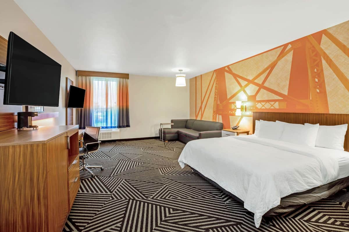 A hotel room with a large bed, a desk with a flat-screen TV, a sofa, and a patterned carpet.