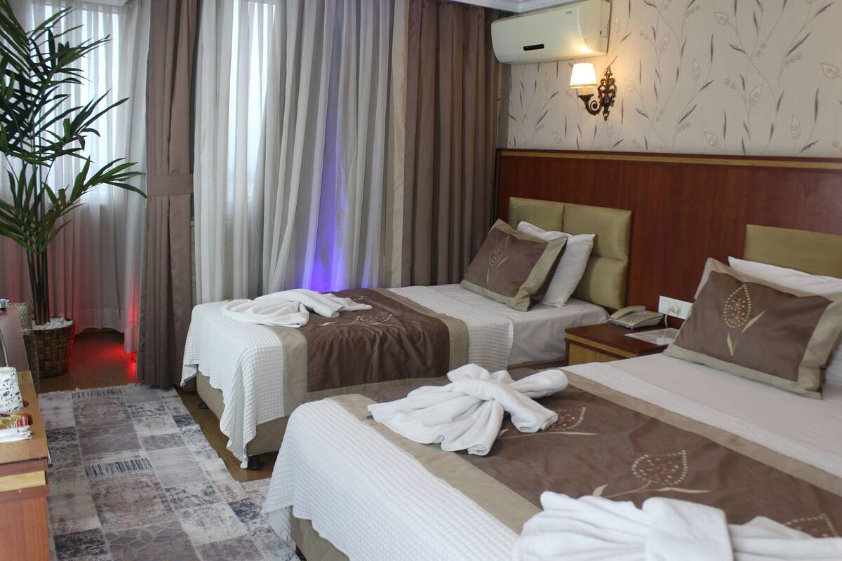 A hotel room with two beds, a bedside table with a lamp, a potted plant, and a large window with curtains.
