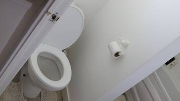 Separate bathtub and shower, hair dryer, towels