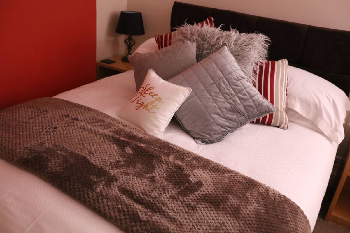 Un lit bien fait, agrémenté de plusieurs coussins et d’une couverture.