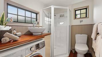 Shower, hair dryer, towels, soap