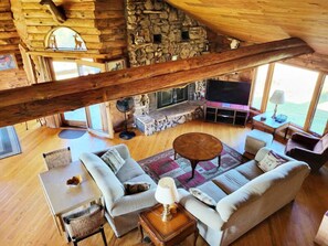 Televisión, chimenea y libros