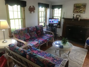 تلفزيون، مدفأة، مشغل دي في دي، كُتُب