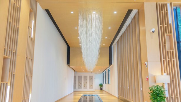 Un vestíbulo de hotel moderno con un separador de vidrio, paneles de madera y una lámpara colgante.