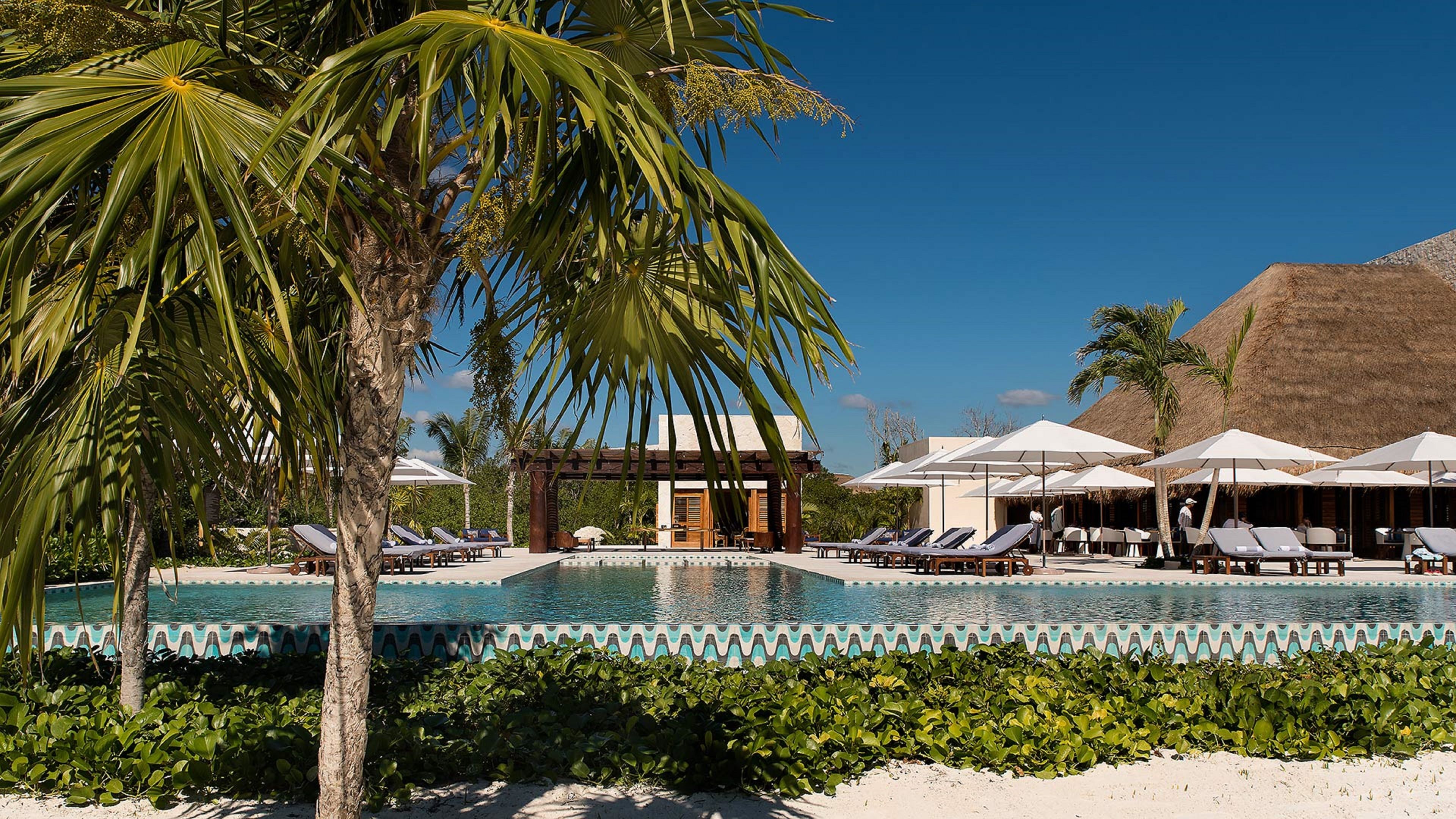 A pool area with lounge chairs, umbrellas, and a small building, surrounded by palm trees and a clear sky.