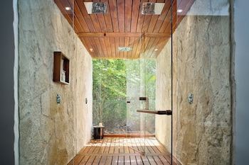 Shower, rainfall showerhead, free toiletries, hair dryer at Chable Maroma