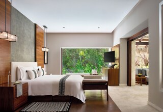 A modern bedroom with a large bed, bedside tables, a TV, and a view of lush greenery.