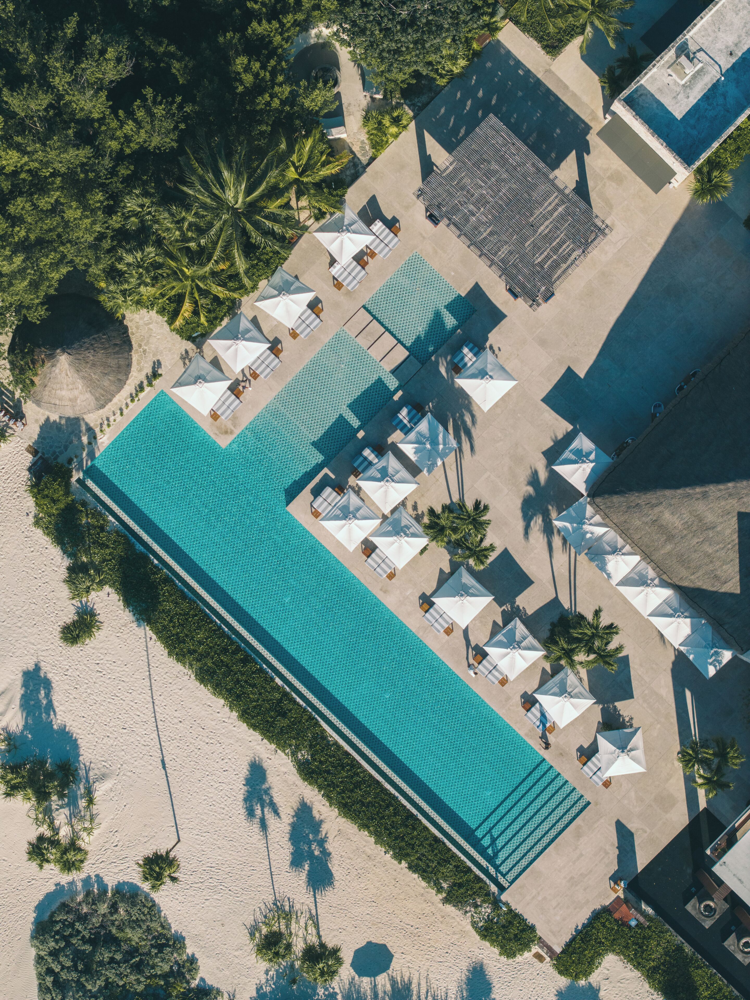 Vista aérea de un complejo turístico con una piscina larga, tumbonas y palmeras.