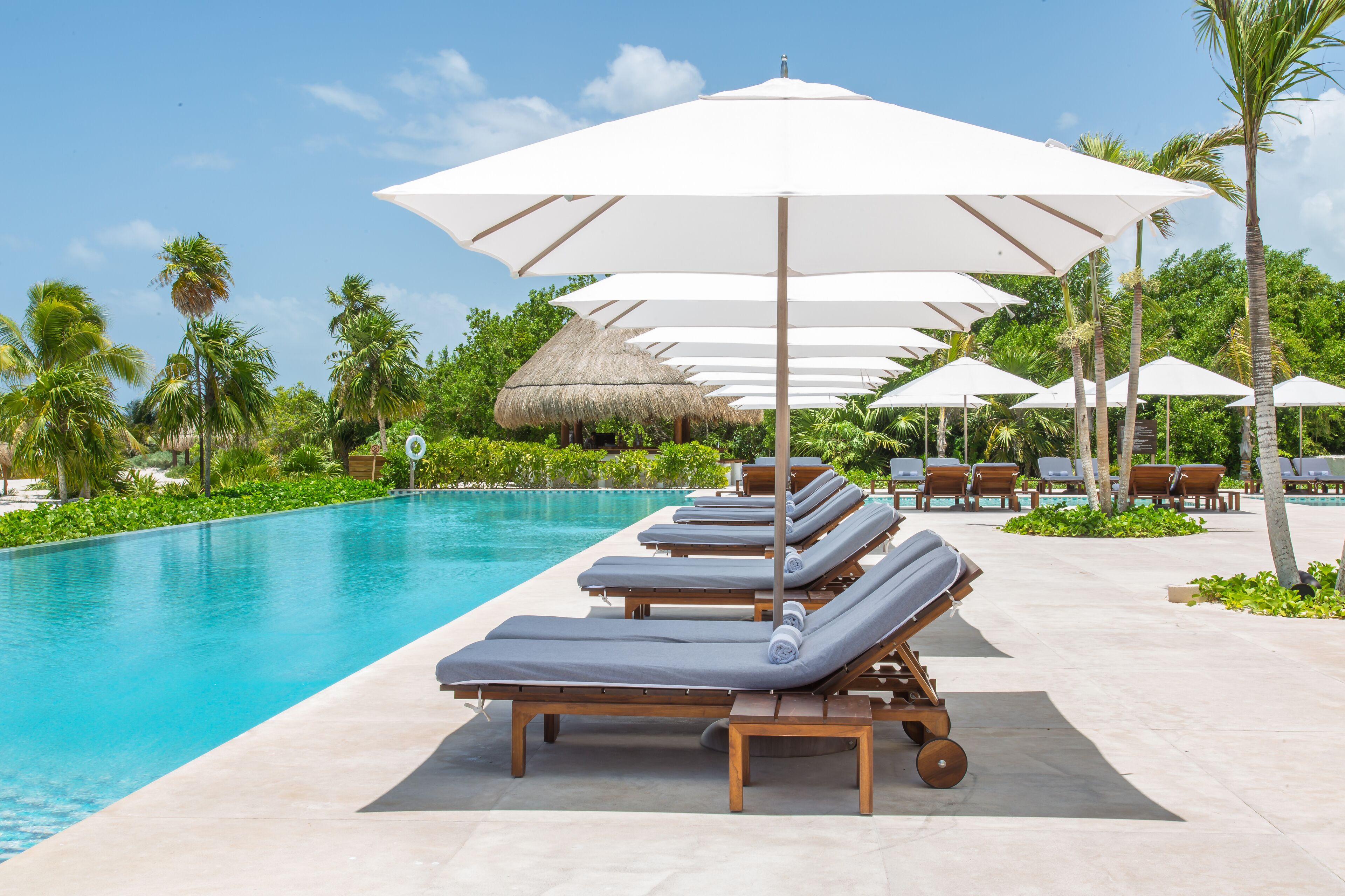 A poolside area with lounge chairs and umbrellas, surrounded by palm trees and a thatched-roof structure.