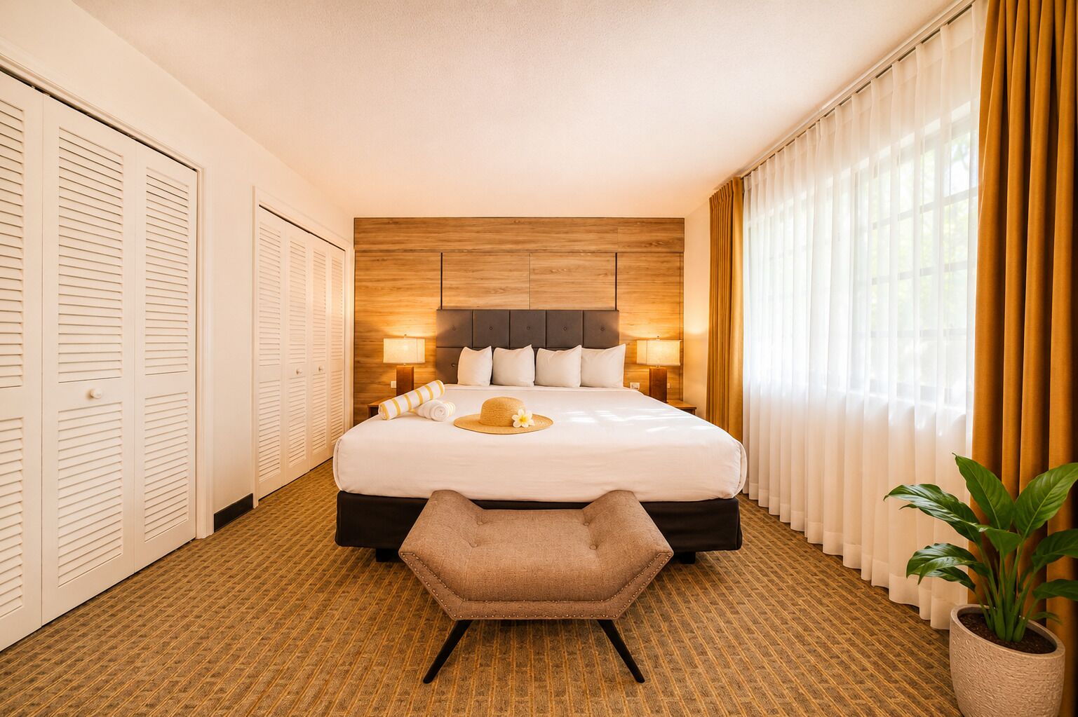 A hotel room with a large bed, a chair, a potted plant, and a view of the outdoors through the window.
