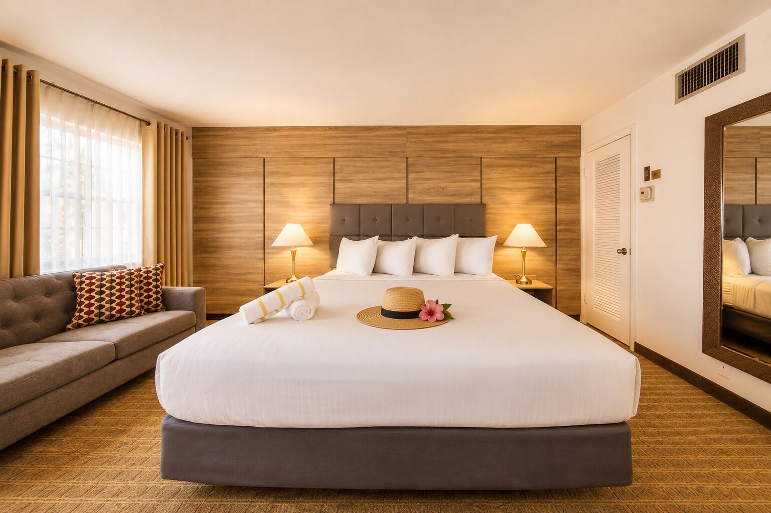 A hotel room with a large bed, a sofa, a mirror, and a window with curtains.