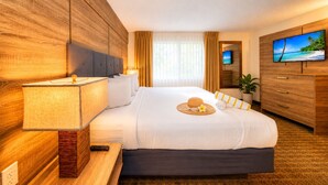 Habitación de hotel con cama, televisión, lámpara y planta.