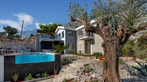 Ein modernes Haus mit Schwimmbad, Steintreppe und einem großen Baum.