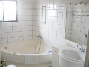 Combined shower/tub, hair dryer, towels, soap