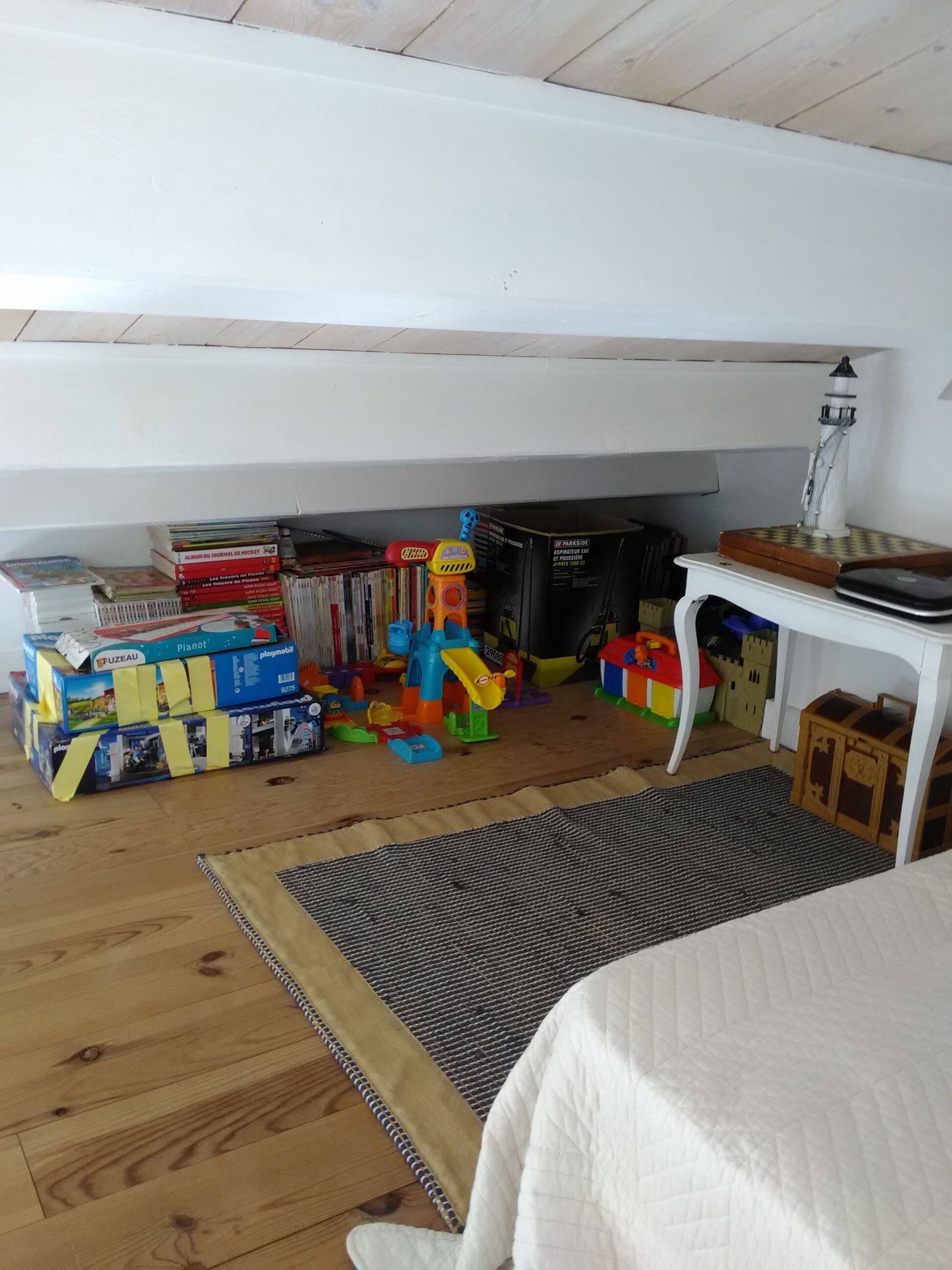 Une chambre avec un lit en mezzanine, un petit bureau et une bibliothèque remplie de livres et de jouets.