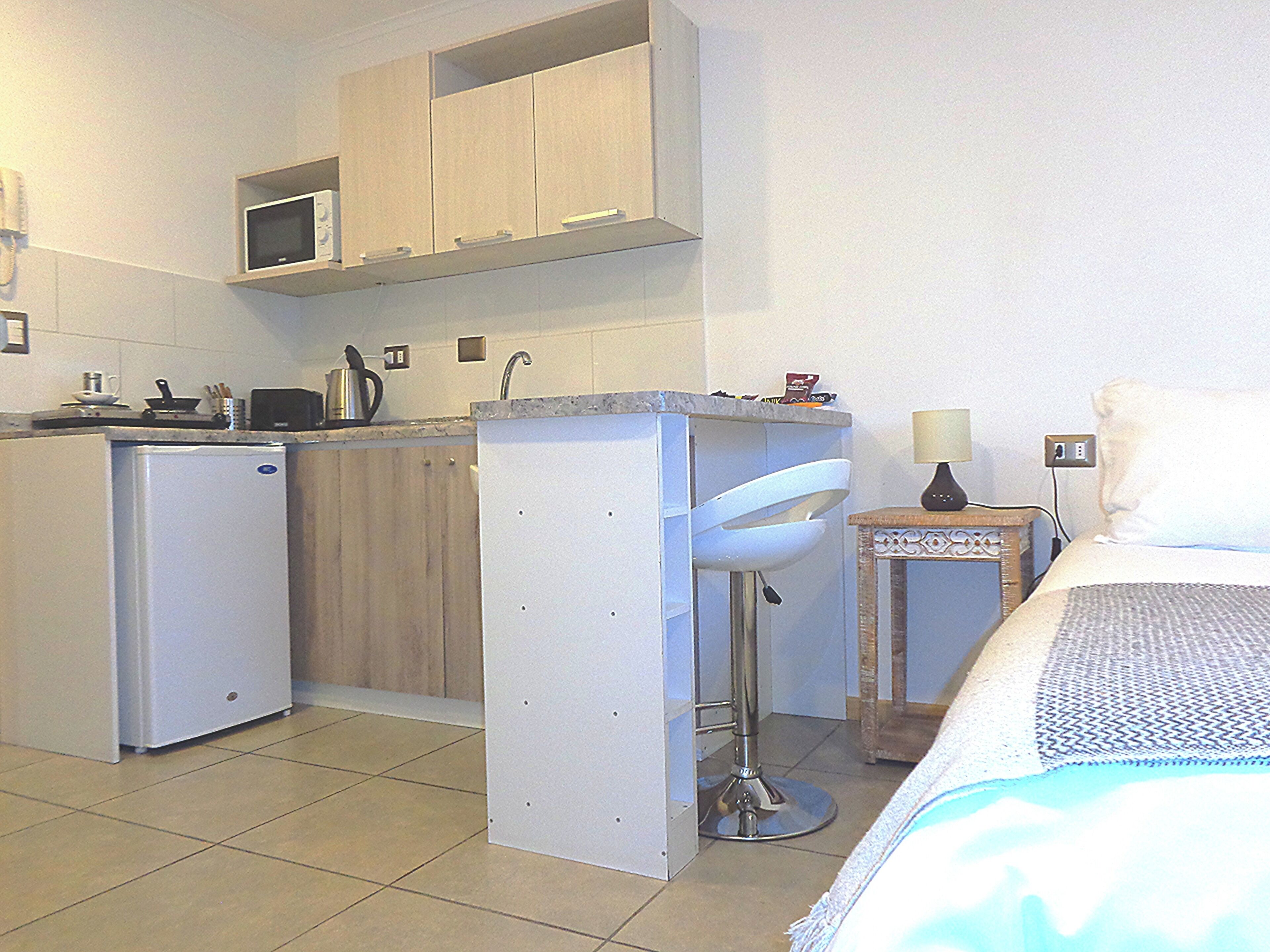 Una cocina compacta con refrigerador, microondas y lavamanos.