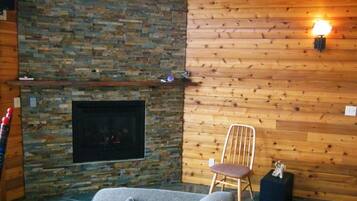 Smart TV, fireplace, DVD player, books