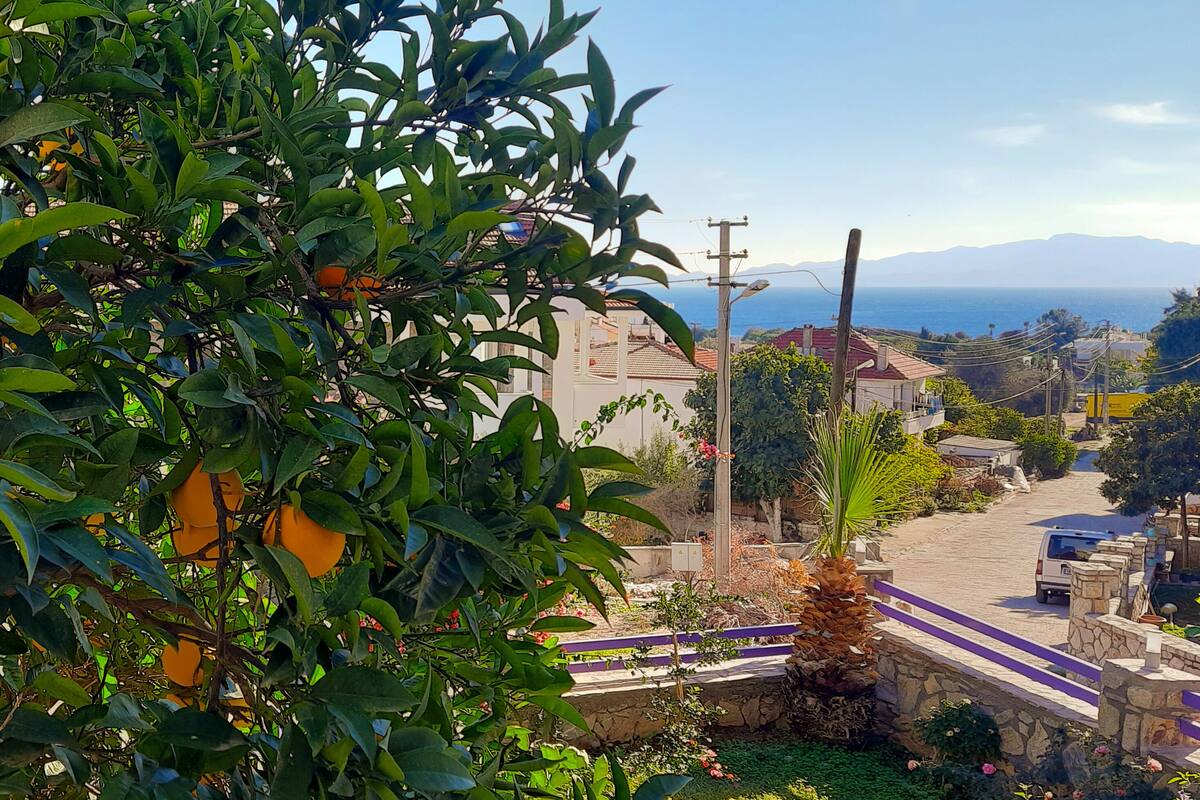 Zona residencial con un sendero pavimentado, muros de piedra y vista al mar y las montañas al fondo.