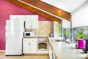 Fridge, microwave, oven, coffee/tea maker