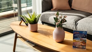Un salon moderne avec une table basse en bois, deux plantes en pot et un guide de voyage.