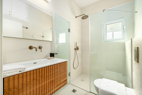 Shower, free toiletries, hair dryer, towels