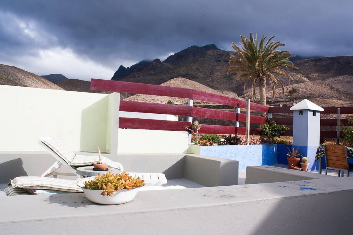 A rooftop terrace with a pool, lounge chairs, and potted plants.