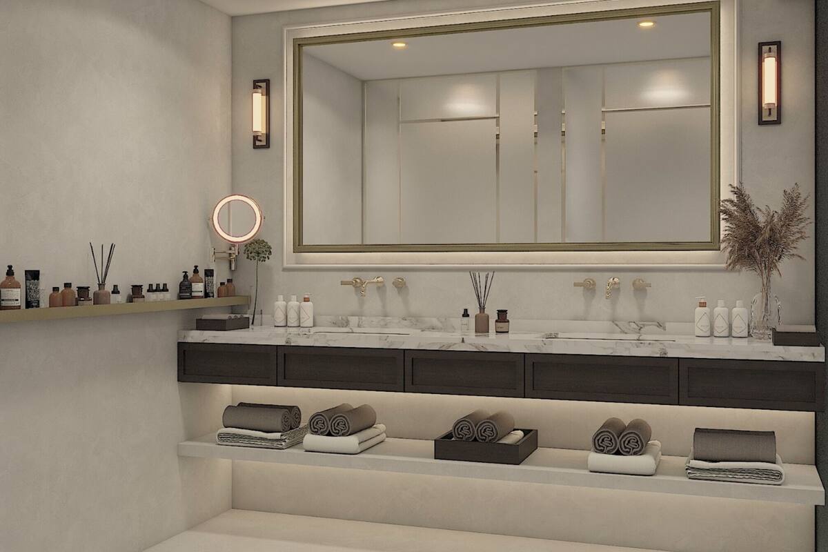 rainfall showerhead, designer toiletries, hair dryer, slippers