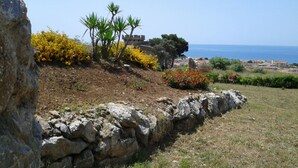 Paisaje costero con un muro de piedra, plantas florecientes en amarillo y rojo, y vistas al mar y edificios a lo lejos.