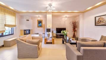 Smart TV, fireplace, DVD player, books