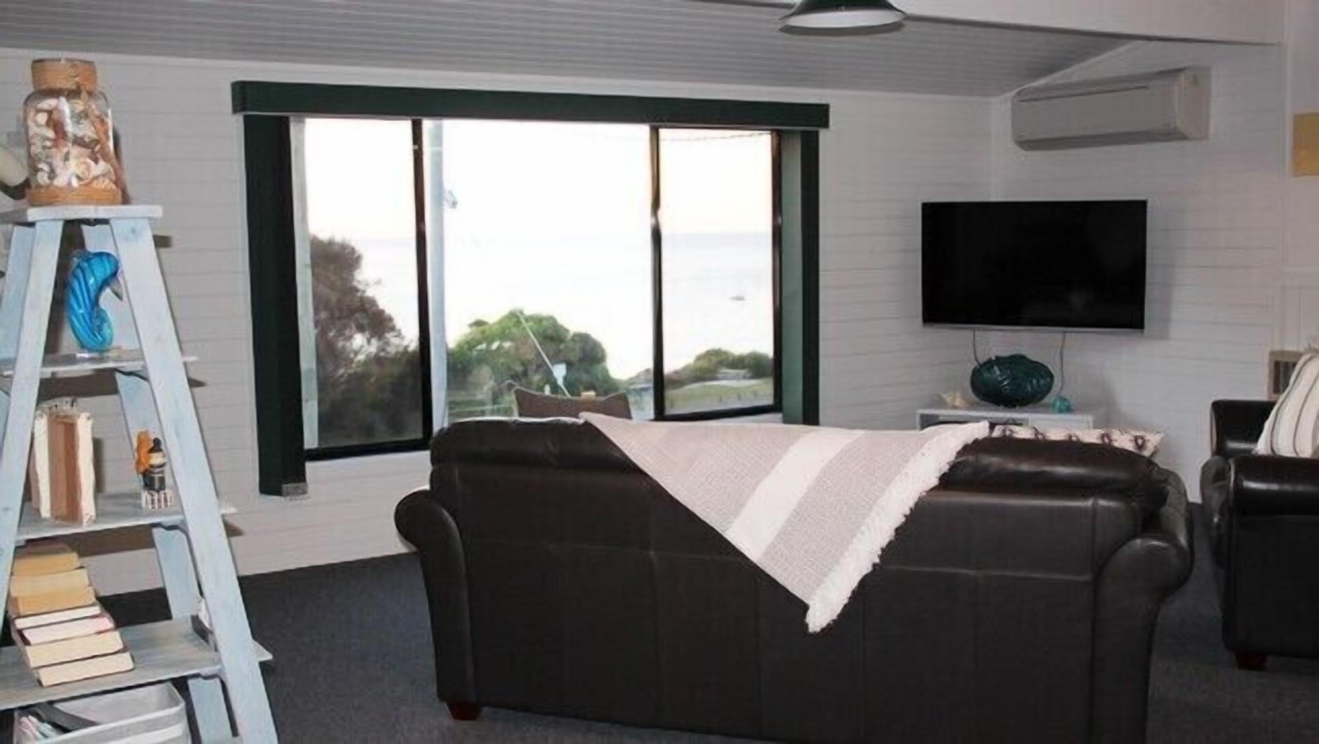 Flat-screen TV, DVD player, books, video library