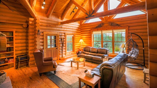 A log cabin interior with a wooden ceiling, a sofa, a chair, a coffee table, and a hanging chair. - Dancing Bear Lodge--Log Cabin Getaway (Fort Calhoun)