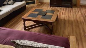 A living room with a sofa, a coffee table, a fireplace, a television, and a ceiling fan. - Sunny Retreat at Springbrook Resort (Wisconsin Dells)
