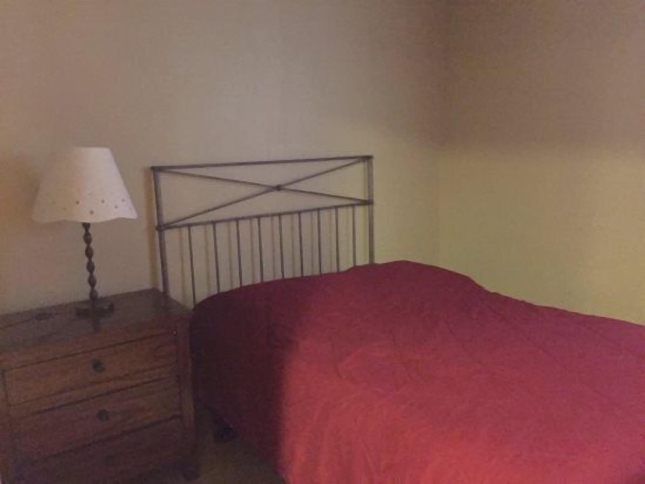 Un lit simple avec une tête de lit en métal, une table de chevet en bois avec une lampe et une couverture rouge.