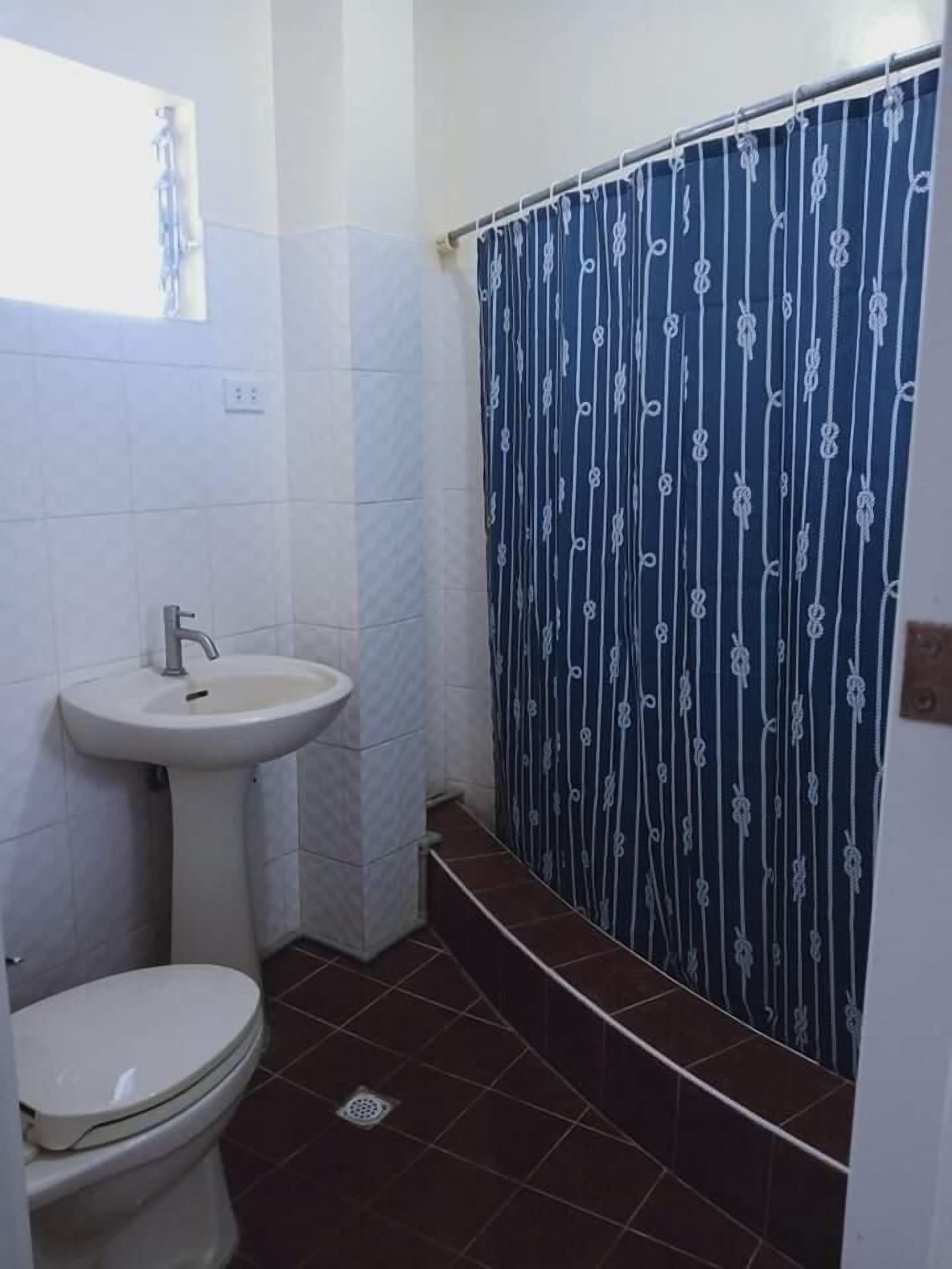 A bathroom with a toilet, sink, and shower curtain.