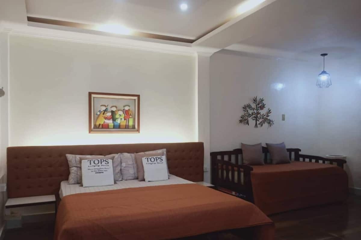 A hotel room with a large bed, a smaller bed, a sofa, a painting on the wall, and a pendant light.