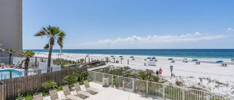 A pool area with lounge chairs, a pool, and a view of the beach and ocean.