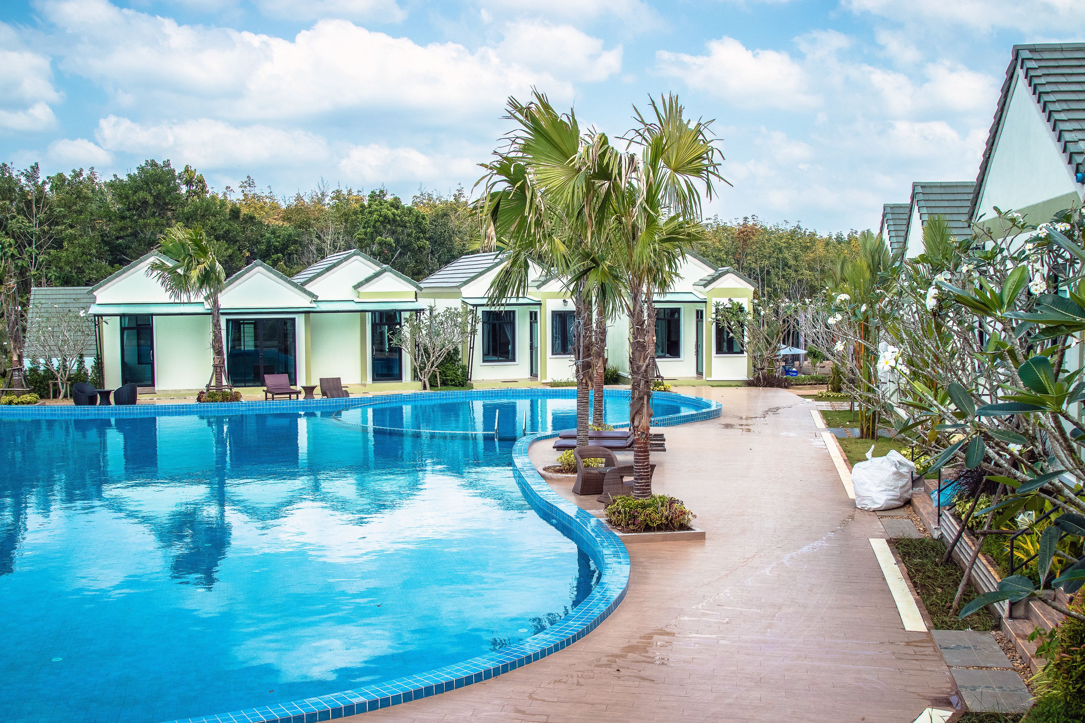 Ein Pool mit Liegestühlen und Palmen, umgeben von Gebäuden mit Gründach.